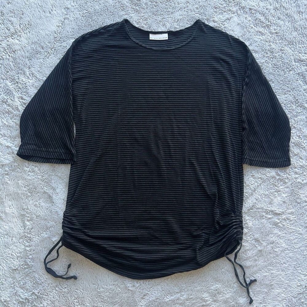 Bryn Walker Ruched Tie Side Striped Tunic Black Gray Cotton Rayon Lagenlook Boho